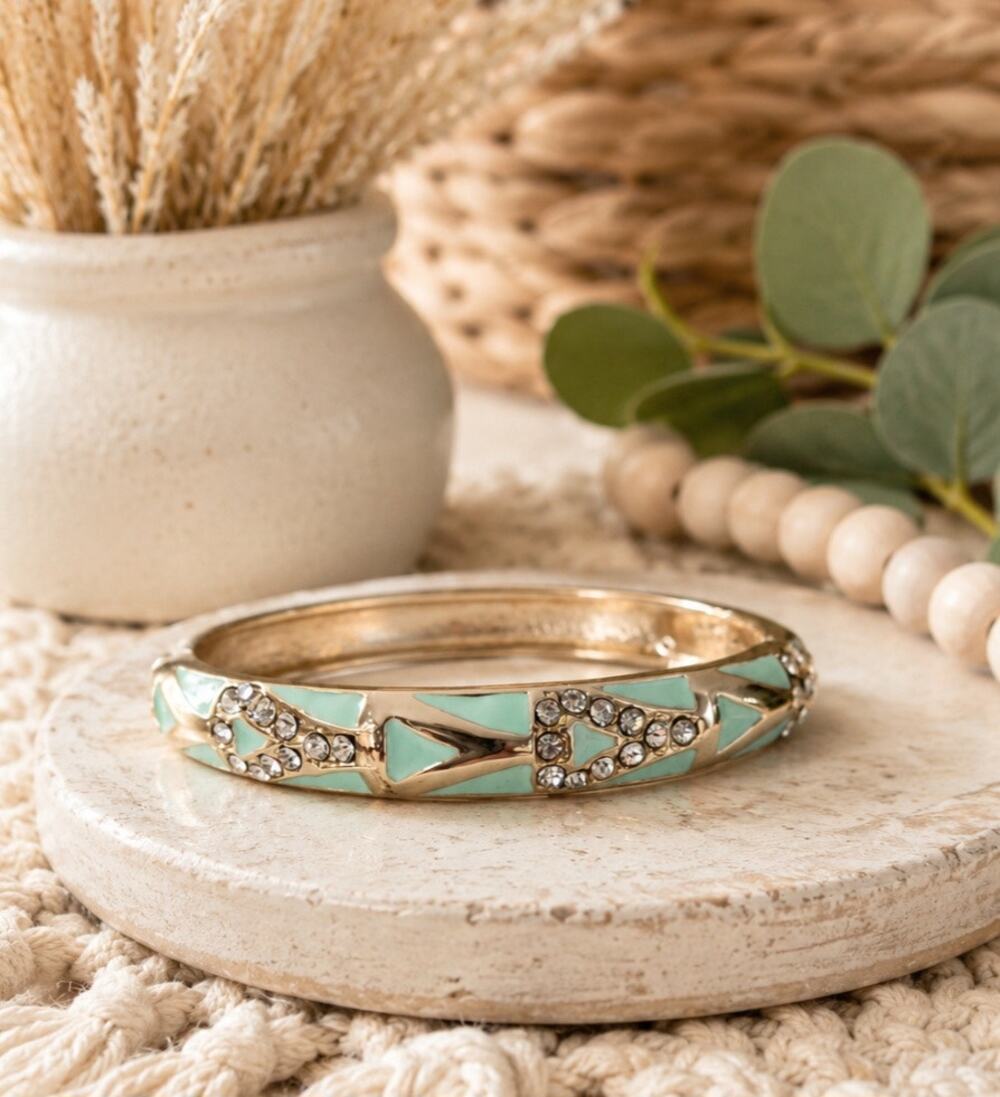 Sequin Mint Green Enamel Gold Rhinestone Hinge Bangle New